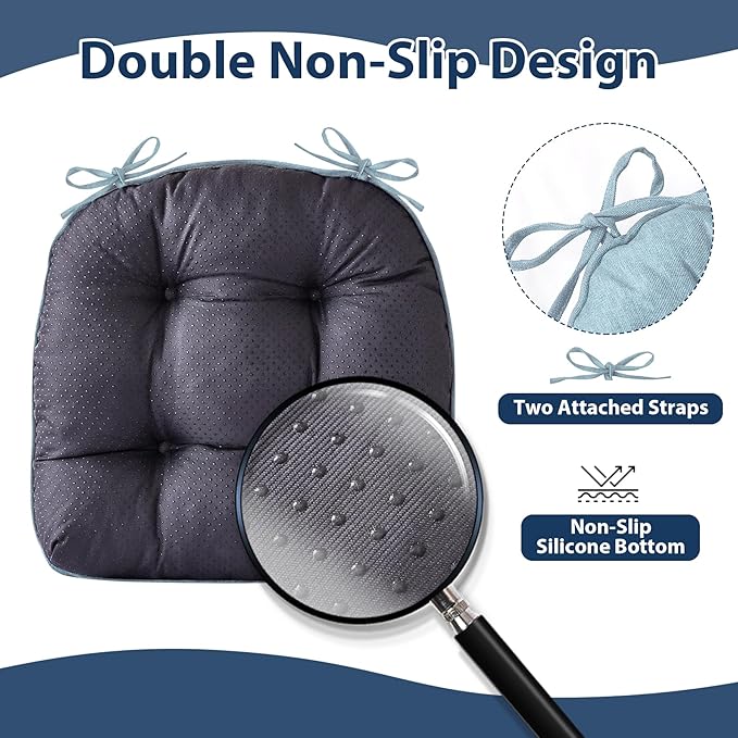 Chair Cushions for Dining Chairs, Seat Cushions for Kitchen Chairs, Indoor Seat Cushions with Ties, Tufted Foam Chair Pads, Non Slip Chair Cushions Set of 4, 15.5" x 15.5" x 4", Light Blue