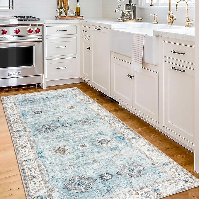 ReaLife Rugs Machine Washable Area Rug Runner - Living Room Bedroom Bathroom Kitchen Entryway Office - Padded Low Pile Stain Resistant Premium - Boho Farmhouse Vintage - BEV - Blue Ivory 2'6" x 6'