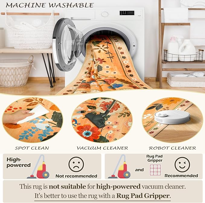 Floral 2x3 Area Rug Machine Washable Soft Print Boho Carpet Non Slip Doormat Low Pile Flower Area Rugs for Living Room Bedroom Nursery Kitchen Dining Room Indoor-Yellow/Orange