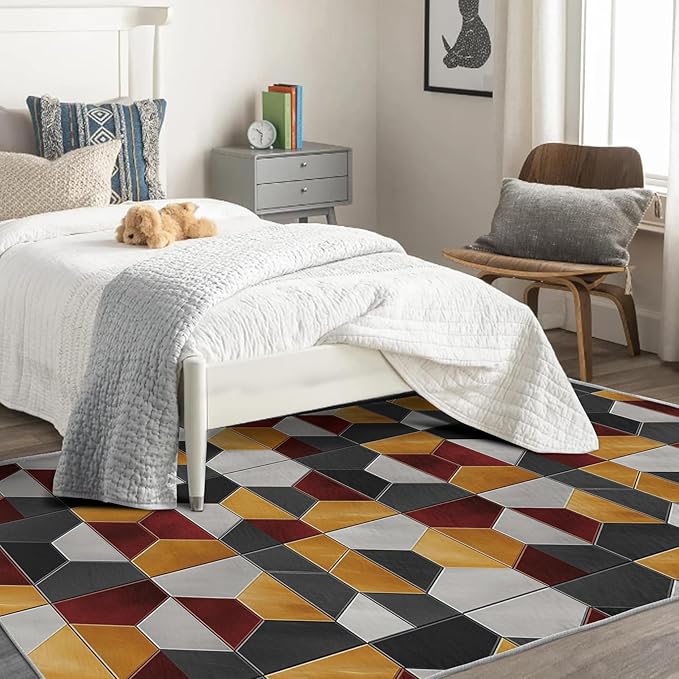 Modern Hexagon Rug - 7x9 Geometric Pattern, Washable Non Slip Soft Indoor Carpet for Living Room & Bedroom