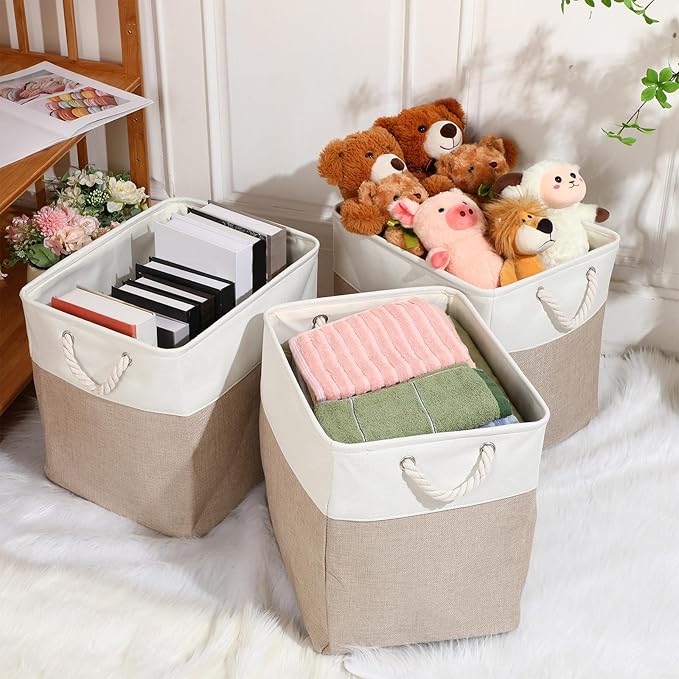 meekoo 8 Pack Collapsible Storage Bins Fabric Storage Bins Polyester Fabric Baskets with Handles Linen Closet Organizer for Shelf Home Closet Towels Toys(12 x 12 x 12 in,Beige)