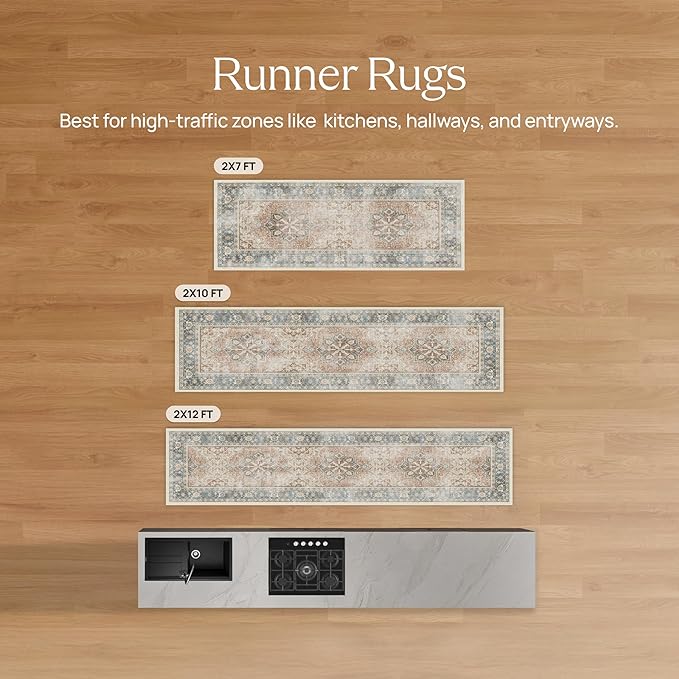 RUGGABLE Washable Vintage Runner Rug – Verena Sapphire 2.5x7, Stain-Resistant, Non-Slip Hallway Runner – Machine Washable Rug for Hallway, Entryway, Living Room & Kitchen–with Standard Pad