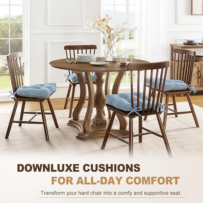 downluxe Indoor Chair Cushions for Dining Chairs, Tufted Overstuffed Textured Foam Kitchen Chair Pads with Ties and Non-Slip Backing, 15.5" x 15.5" x 4", Light Blue, 4 Pack