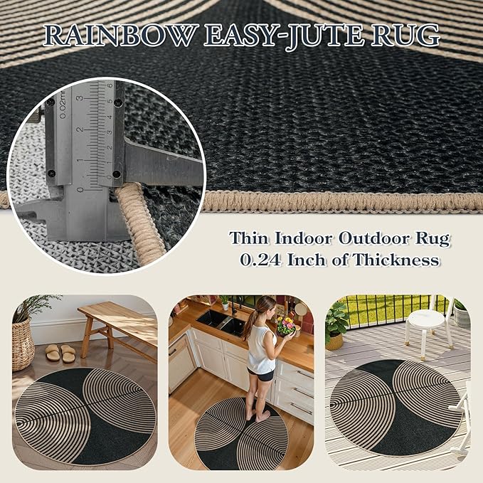 Lahome Modern Rainbow Round Rug 4ft, Circular Indoor Outdoor Kitchen Rug Washable Farmhouse Carpet, Contemporary Non Slip Round Door Mat for Bedroom Front Porch