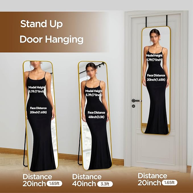 NARCISSUS 57x16 Mirror Door Hanging Full Length Body with Floor Stand or Wall Mounted Metal Aluminum Frame Tempered Glass Rectangle Mirrors for Bedroom Dressing Living Room Bathroom 57 inch Gold