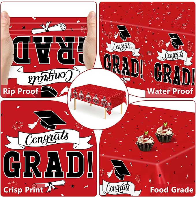 2 PCS Graduation Tablecloth, 108" X 54" Red Graduation Table Decorations 2026, Disposable Plastic Tablecover for Grad Decor Party Supplies, Rectangle Table Cloths for Class 2026 Congrats Grad for kids