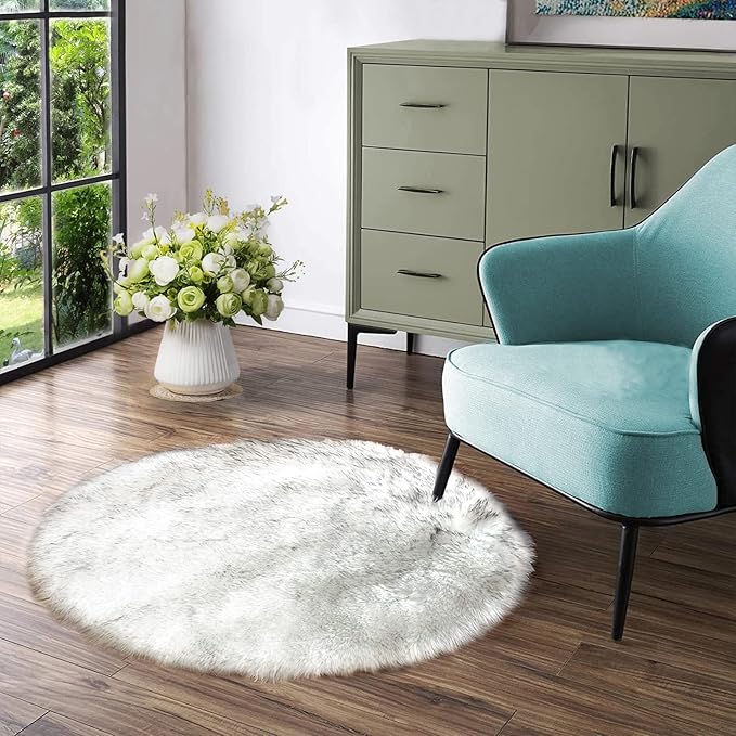 Latepis Grey and White Small Round Rug 3ft Faux Sheepskin Fur Circle Rug for Living Room Bedside Fluffy Shag Rugs Cute Room Décor
