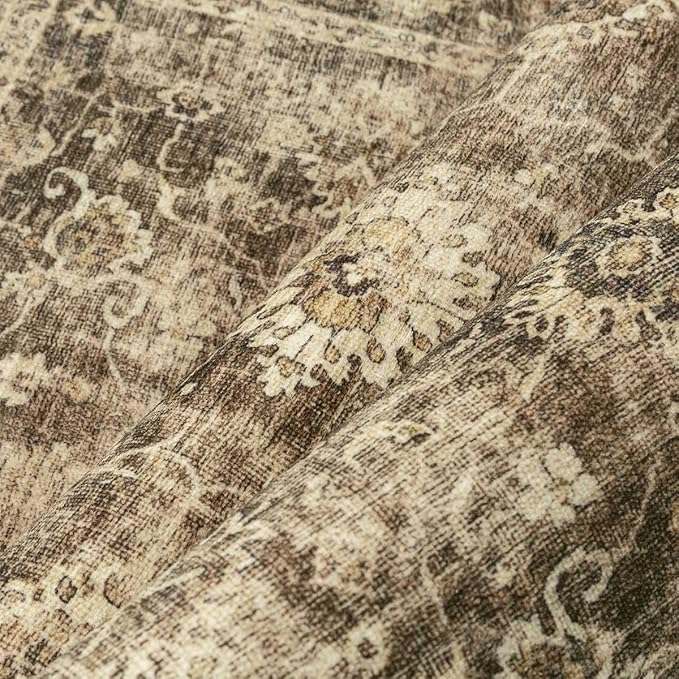 3x8 Washable Runner Rug for Kitchen Hallway Brown Vintage Non-Slip Low Pile Distressed Rustic Carpet Lightweight Vacuumable Soft Long Throw Rug for Indoor Entryway Bedroom