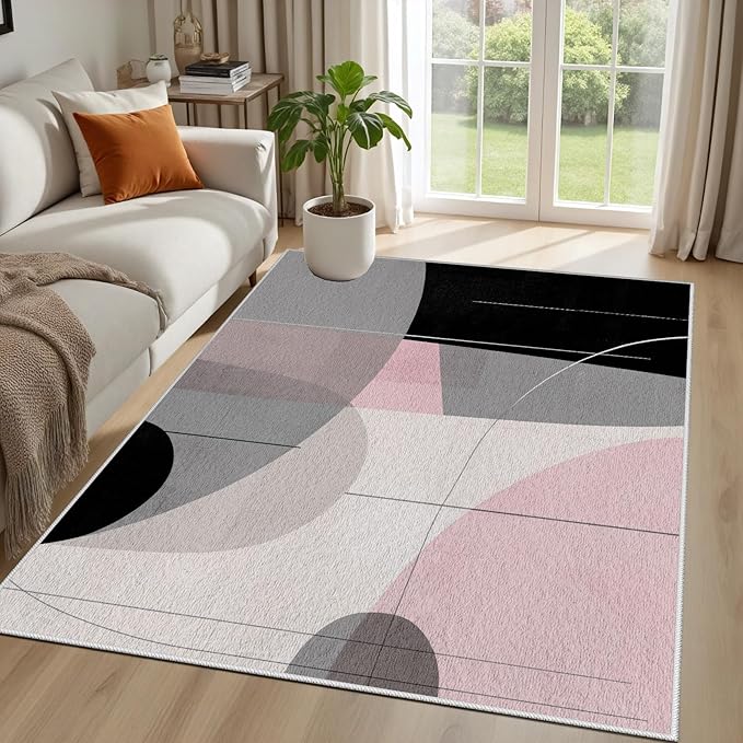 Abstract Art Line Living Room Area Rugs 2x3, Modern Boho Geometric Print Rug, Minimalist Washable Non Slip Neutral Soft Carpet for Bedroom, Dining Room Office Playroom, Black Gray