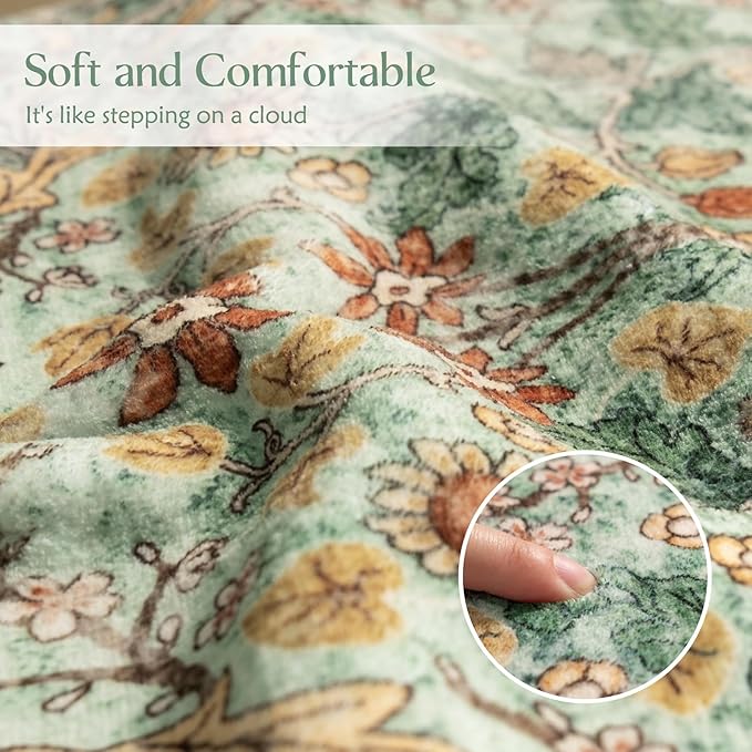 MUJOO Green 5x7 Area Rugs,Floral Washable Rug for Living Room Bedroom Office Dining Room,Large Throw Carpet,Boho Non Slip Indoor Floor Big Soft Botanical Vintage Ultra-Thin