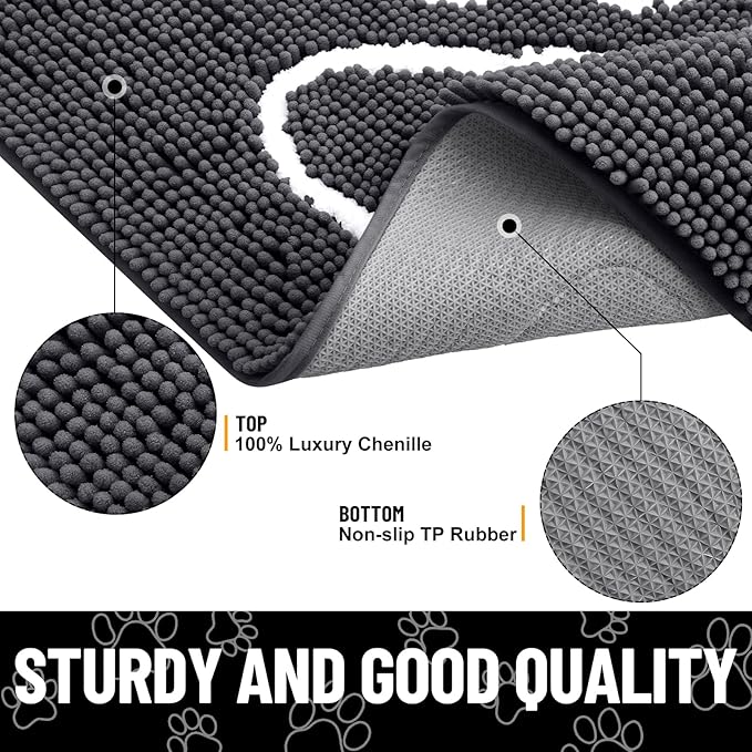 Smiry Dog Door Mat for Muddy Paws, Absorbent Dirt Trapper Non Slip Quick Dry Washable Chenille Mat for Mud Dogs, Entry Rug for Indoor and Outdoor (48x30 Inches, Dark Grey and White)