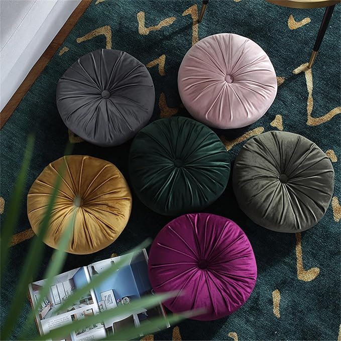 Round Throw Pillow Velvet Pumpkin Pleated Meditation Pillow Solid Color Home Decorative Throw Pillow Floor Cushion for Sofa Chair Living Room Decoration (Pink)
