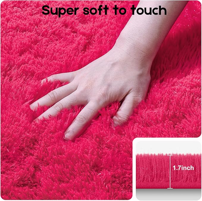 2x3 Rugs for Bedroom, Fluffy Small Area Rugs for Living Room, Soft Shag Fuzzy Carpet with 4 Non-Slip Stickers for Kids Boys and Girls Nursery Dorm Room Home Decor (Hot Pink, 2ft x 3ft)