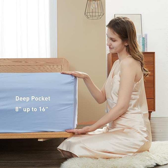 Sunflower King Fitted Sheet, 1-Piece Deep Pocket Fitted Bottom Sheet 16", 100% Cotton Sateen Soft Breathable, Powder Blue