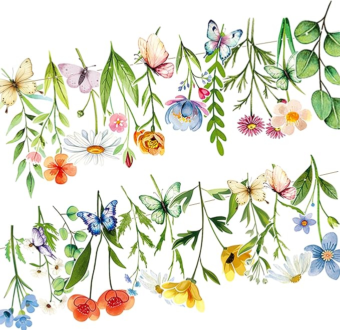 Pre-Strung Flower Garland Wildflower 2PCS Birthday Banner Tea Party Supplies Decorations Butterfly Floral Spring Leaf Daisy Bridal Shower Wedding Gard