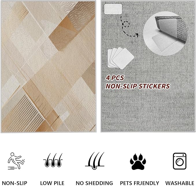 Minimalist Abstract Area Rug 2x3 Brown Boho, Modern Washable Stripe Art Rugs, Soft Non-Slip Low-Pile Carpet for Living Room, Bedroom, Kitchen, Dining Room, Pet Friendly, Non-Shedding, Beige