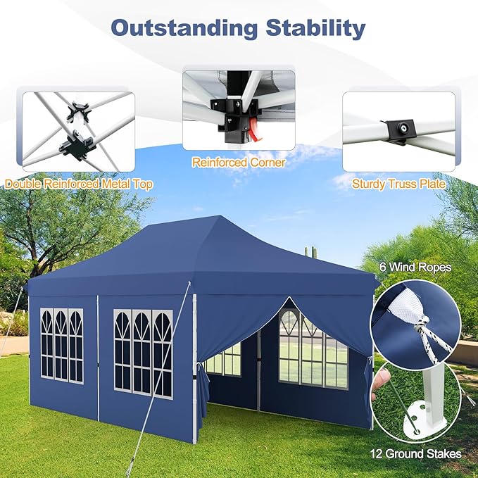 Tangkula 10x20 Ft Pop Up Canopy, UPF 50+ Portable Outdoor Canopy Tent with with 6 Removable Sidewalls, 2 Zippered Door, Windows, Carrying Bag for Party, Wedding, Backyard