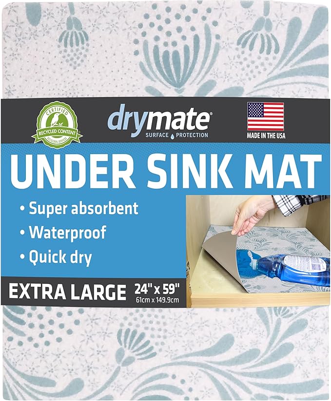 Drymate Premium XL Under Sink Mat, Waterproof Cabinet Protection Mats for Kitchen & Bathroom, Absorbent Shelf Liners, Slip-Resistant, Non-Adhesive, Machine Washable (USA Made)(24”x59”)(Light Blue)
