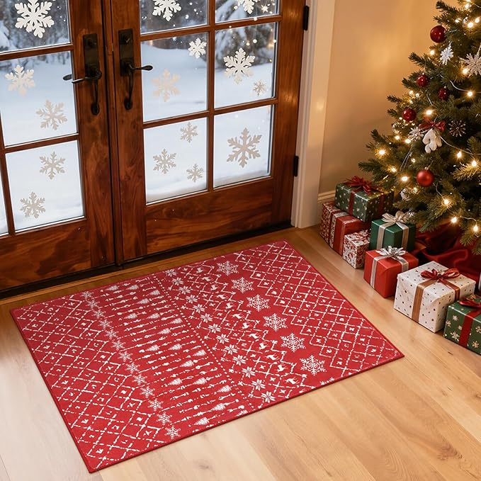 Lahome Christmas Door Mat 2x3 Red Entryway Rug Small Washable Area Rugs Non-Slip Indoor Entry Carpet Throw Soft Bathroom Mat, Snowflake Home Xmas Holiday Decor Thin Floor Doormat Carpet for Bedside