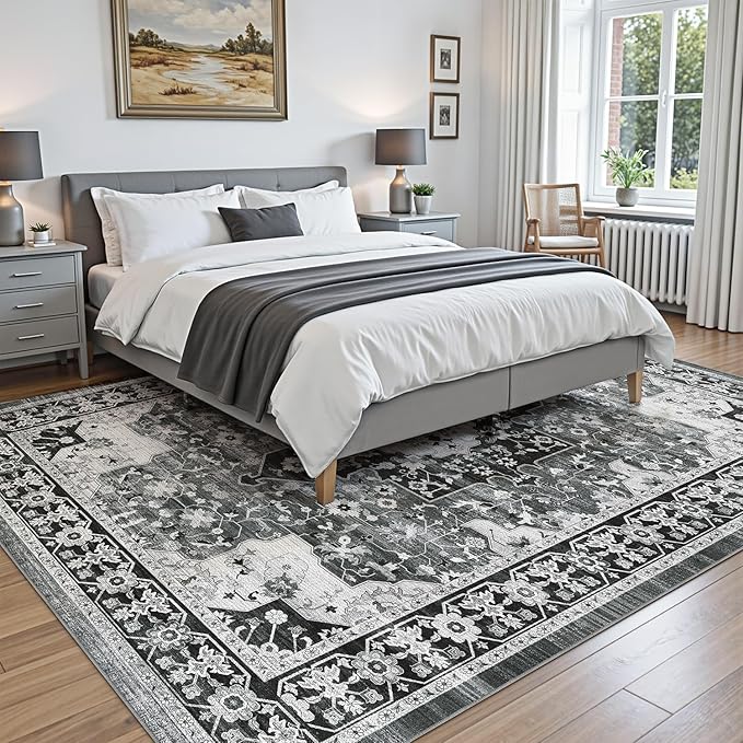 DEXI 6x9 Area Rug for Living Room, Washable Vintage Farmhouse Thin Rug Indoor Floor, Non Slip Stain Resistant Low Pile Carpet for Dining Room Bedroom Office, White Grey