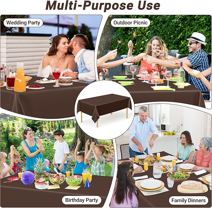 QZYL 12 PCS Brown Plastic Tablecloths, 54 in x 108 in Dinner Table Cloths, Rectangle Table Cover for Birthday Party Family Gathering Wedding