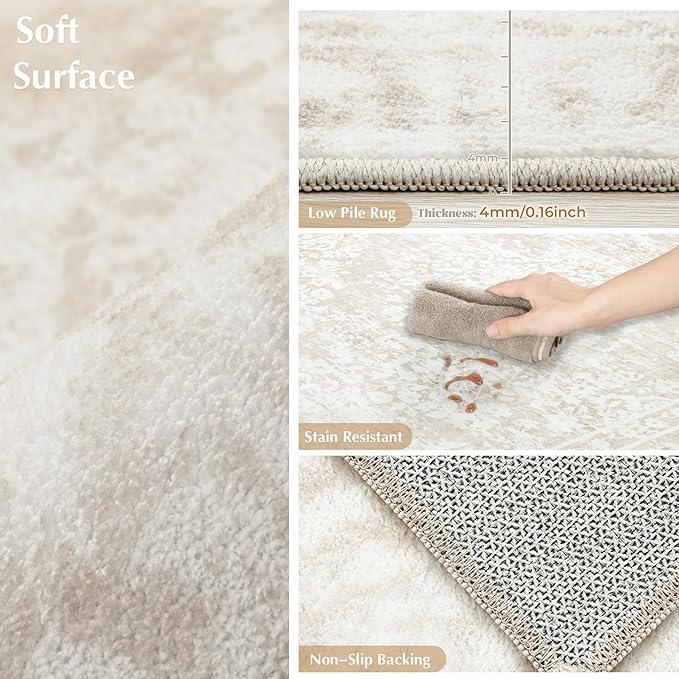 Runner Rug 2x6 Entryway Rug - Machine Washable Vintage Boho Area Rug Non-Slip Kitchen Runner Soft Stain Resistant Floral Runners for Hallways Entryway Laundry Bathroom Bedroom(Cream Beige, 2'x6')