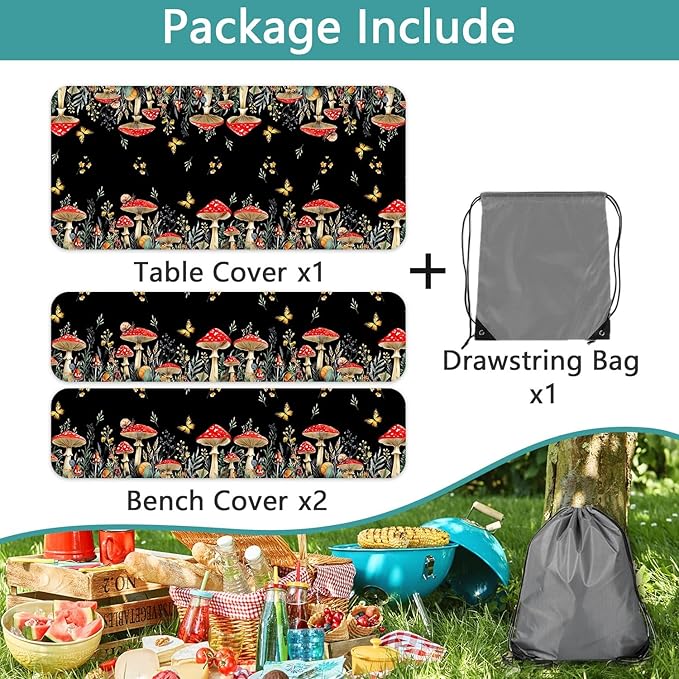 Mushroom Picnic Table Cover with Bench Covers, Camping Essentials, Waterproof Windproof Camping Tablecloth, Fitted Tablecloth Cover with Elastic Edge, for Indoor & Outdoor, Garden, 3 PCS, 30x72 Inch