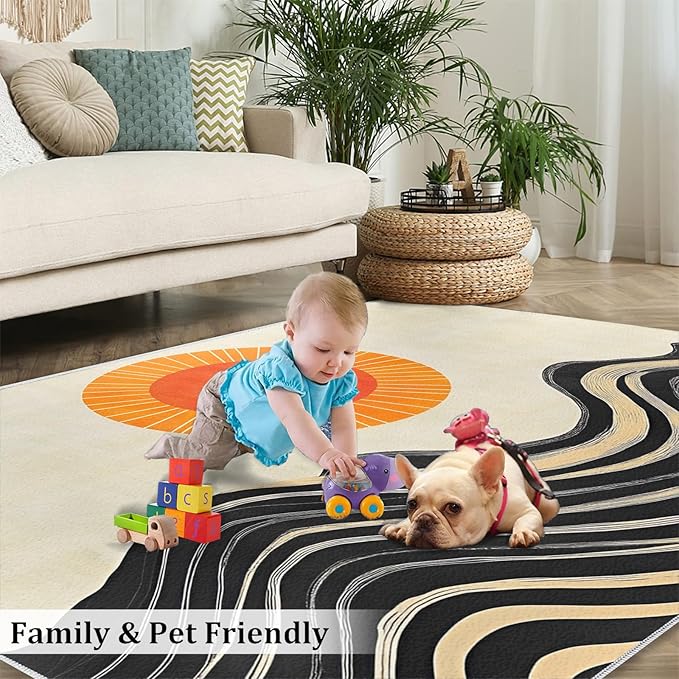 Boho Sun Area Rugs 5x6ft, Watercolor Mountain Rugs for Kids Bedroom, Abstraction Deco Office Rug Low Pile are Not Stumbling Foot for Living Room End Table Nursery