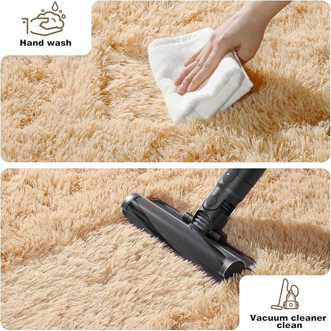 4x6 Light Tan Rugs for Bedroom Living Room, Fluffy Small Area Rug Soft Shag Carpet for Kids Boys and Girls Room with 4 Rugs Non-Slip Stickers Dorm Home Decor (4ft x 6ft)