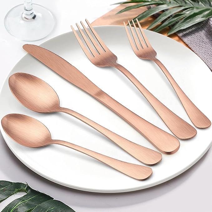 LIANYU 20 Piece Matte Copper Silverware Set, Stainless Steel Copper Flatware Cutlery Set for 4, Fancy Kitchen Utensil Tableware for Home Restaurant Party, Satin Finish, Dishwasher Safe