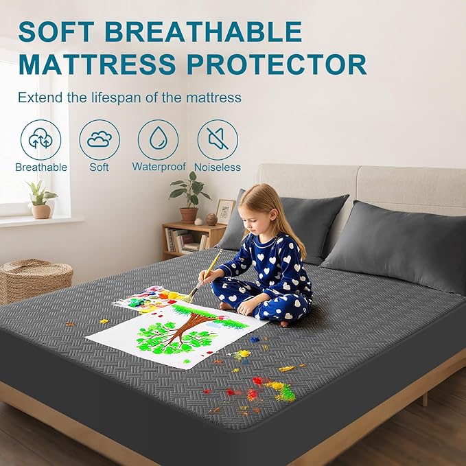 Waterproof Mattress Protector Full Size - Breathable, Noiseless, Ultra-Soft Bed Cover, Mattress Pad Cover with Deep Stretchable Pockets 8"-21" (Gray)