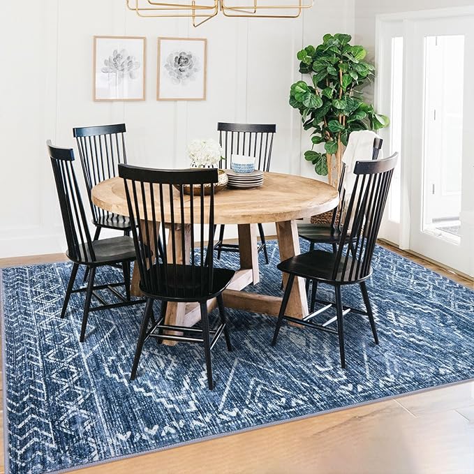KILOCOCO Living Room Rug 5x7 Area Rug Printed Boho Washable Bedroom Rugs Non Slip Soft Large Moroccan Indoor Rugs for Dining Room Office Farmhouse Geometric Carpet, Stonewashed Blue