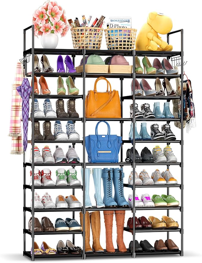 Kottwca 3 Row 10 Tier Large Shoe Rack Organizer for Closet Entryway, 60-65 Pair Shoe Boot Storage Rack, Metal Shoe Shelf Tall Vertical Stackable Shoe Stand for Bedroom Corner
