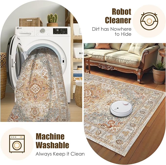 Washable Area Rug 9' x 12' Vintage Traditional Persian Mat - Foldable Distressed Non-Slip Machine Washable Carpet for Living Room Bedroom Kitchen Home Decor - Dove Gray and Coral