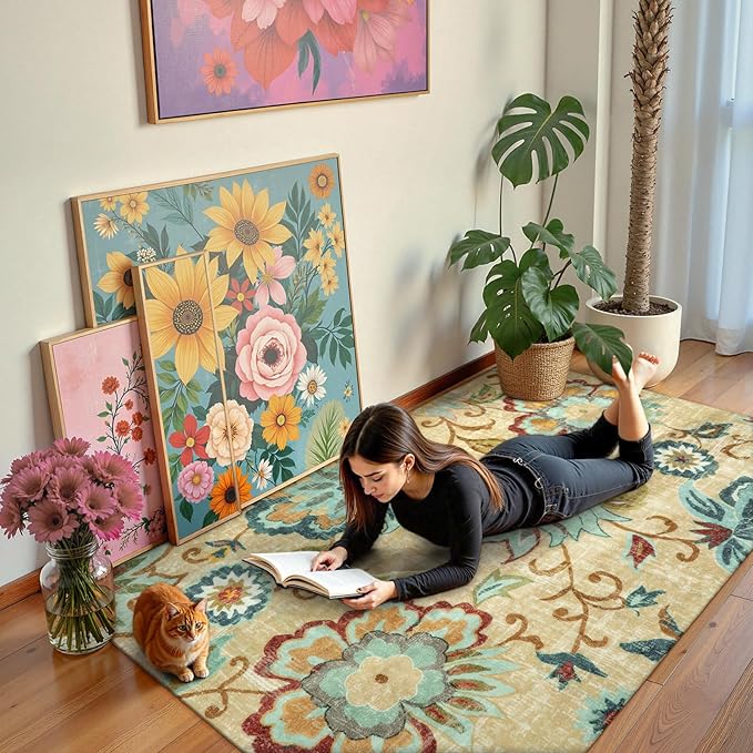 Lahome Floral Living Room Rug - 3x5 Area Rugs for Bedroom Machine Washable Non-Slip Throw Kitchen Entryway Rug Soft Beige Paisley Print Distressed Capet for Office Laundry Room Dining Room Bathroom