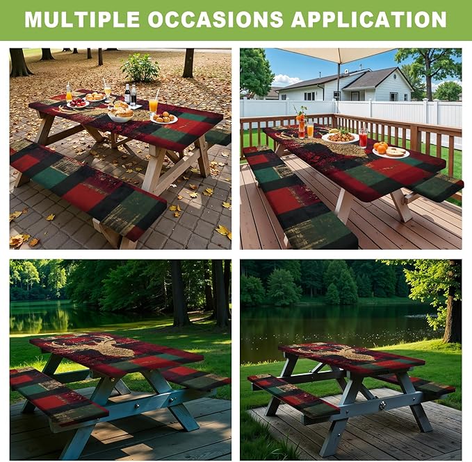 ANNA QUEEN 6FT Christmas Deer Picnic Table Cover with Bench Covers Picnic Table Cover Set 3PCS 72"x30", Waterproof Outdoor Bench and Tablecloth Furniture Protection for Camping