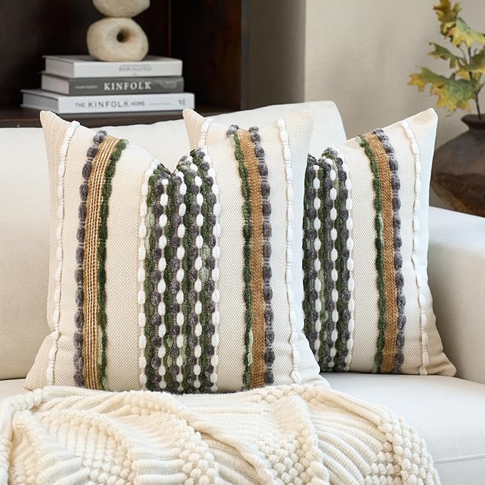 Aeckself Boho Pillow Covers 18x18 Inch Set of 2, Farmhouse Decorative Striped Square Chenille Tufted Accent Neutral Throw Pillow Covers for Living Room Couch Bed, Green