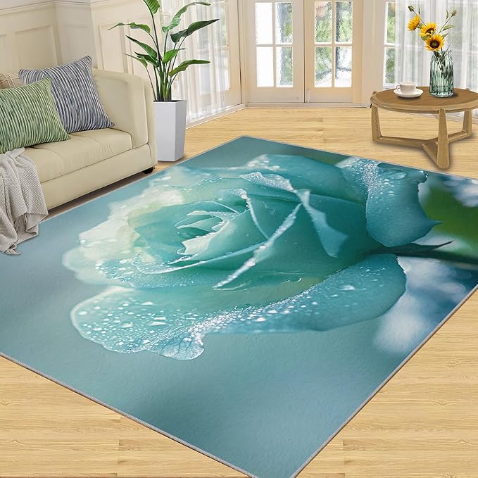 3x5 Blue-Rose Dorm Rug - Realistic Florals Small Rugs for Bedroom, Flowers Area Rug Washable Non Slip for Bedroom Kitchen Living Room Entryway