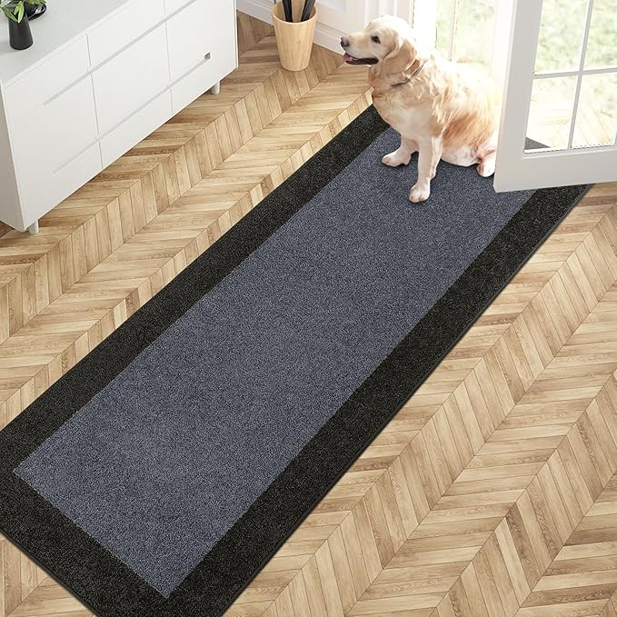 PURRUGS Dirt Trapping Door Mat 24" x 70", Non-Slip/Skid Machine Washable Entryway Rug, Shoes Scraper, Throw Rug, Super Absorbent Area Rug for Muddy Wet Shoes and Paws, Bluish Grey & Charcoal