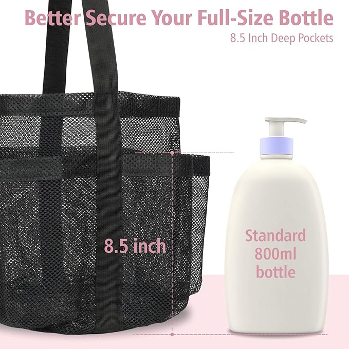 F-color Mesh Shower Caddy Portable, Large Capacity Shower Bag Basket Tote for College Dorm Room Toiletry Gym Rv Essentials, Bathroom Caddy Bag with S Hook, Black