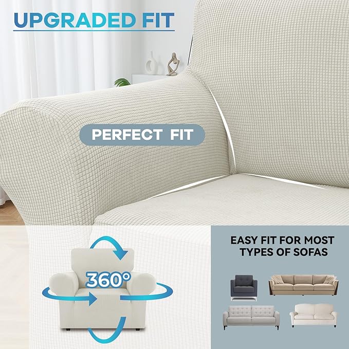 LURKA Stretch Chair Sofa Slipcovers 1 Piece Couch Covers for Sofa Furniture Protector Full Sofa Covers with Elastic Bottom for Kids and Dog (Small, Ivory)