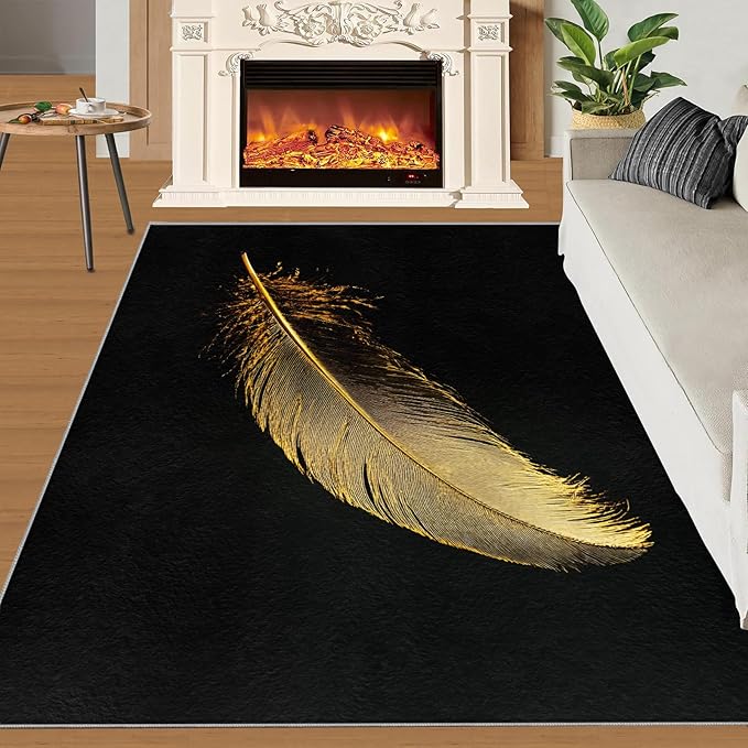 Golden Feathers Rugs for Bedroom - 6x8 Area Rug - Black Gold Feathers Rugs for Living Room, Modern Minimalist Art Rug, Washable Home Decor Carpet
