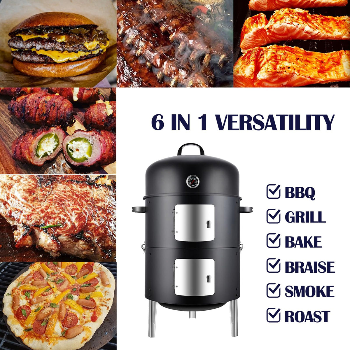 Realcook Charcoal Smoker BBQ Grill: Premium Vertical Meat Smokers with Smoke Tube - Barbecue Charcoal Grill Combo for Outdoor Cooking Patio Backyard Grilling Tailgating