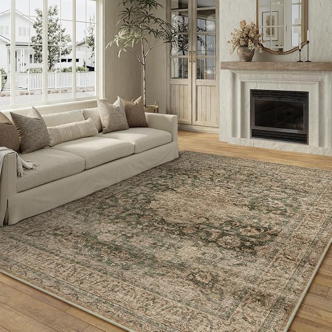 6x9 Washable Vintage Area Rug Green Brown Living Room Bedroom Carpet Non-Slip Soft Low Pile Distressed Indoor Throw Rug for Dining Room Entryway Office
