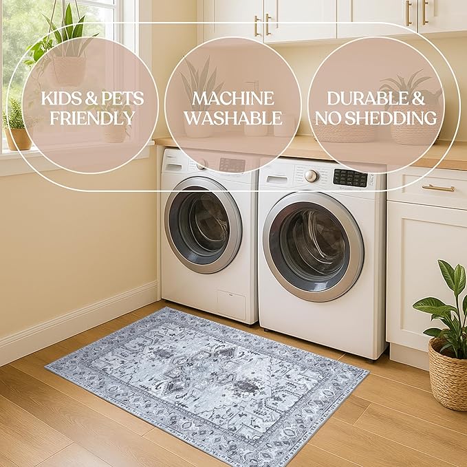 Washable Area Rug, Modern Farmhouse, Vintage, Turkish, Bohemian, Distressed, Oriental, Traditional, Rugs for Living Room, Dining, Bedroom, Office, Entryway, Foyer, (861GG, 2' x 3')