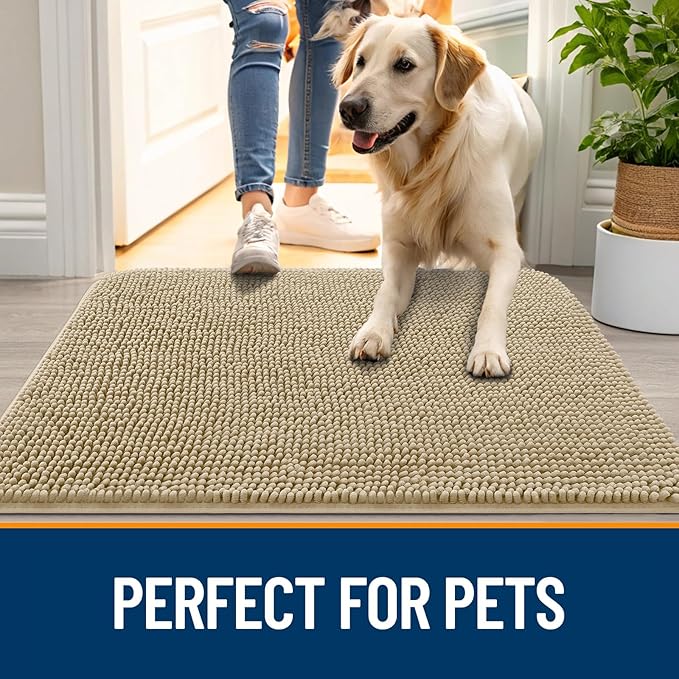 OLANLY Dog Door Mat for Muddy Paws 40x32, Absorbs Moisture and Dirt, Absorbent Non-Slip Washable Doormat, Quick Dry Chenille Mud Mat for Dogs, Entry Indoor Entryway Carpet for Inside Floor, Beige