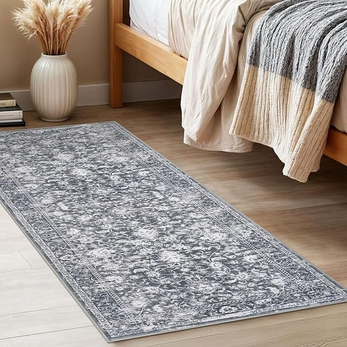 KILOCOCO Hallway Runner 2x5 Kitchen Runner Rug Printed Vintage Floral Washable Non-Slip Runners for Hallways Laundry Room Rugs Distressed Boho Rug Runners for Bedroom, Grey