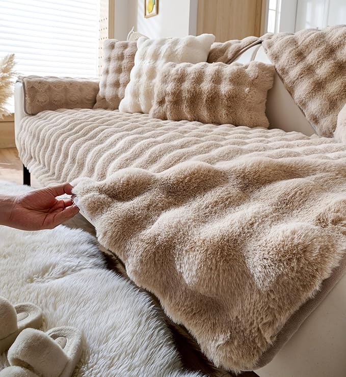 Faux Fur Couch Cover Fuzzy Soft Plush Thick Bubble Sofa Cover Luxury Sectional Couch Covers Luxury Anti-Slip Sofa Slipcover Washable Furniture Protector (Khaki,28"x70")