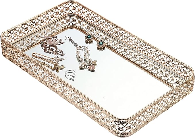 ELLDOO Gold Perfume & Makeup Vanity Tray - Hollow-Carved Jewelry Storage, Glass & Metal Trinket Organizer for Dresser & Bathroom Countertop, Large Size