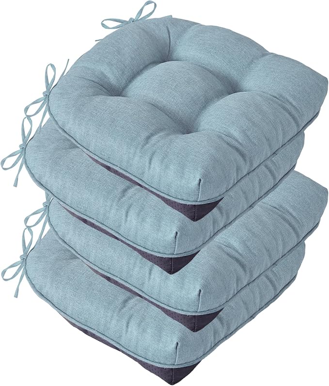 Chair Cushions for Dining Chairs, Seat Cushions for Kitchen Chairs, Indoor Seat Cushions with Ties, Tufted Foam Chair Pads, Non Slip Chair Cushions Set of 4, 15.5" x 15.5" x 4", Light Blue